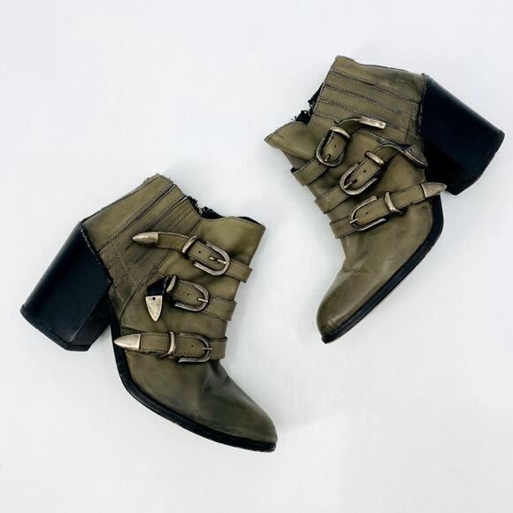 BASKE green gray leather buckle pointed toe booties - Picture 1 of 6